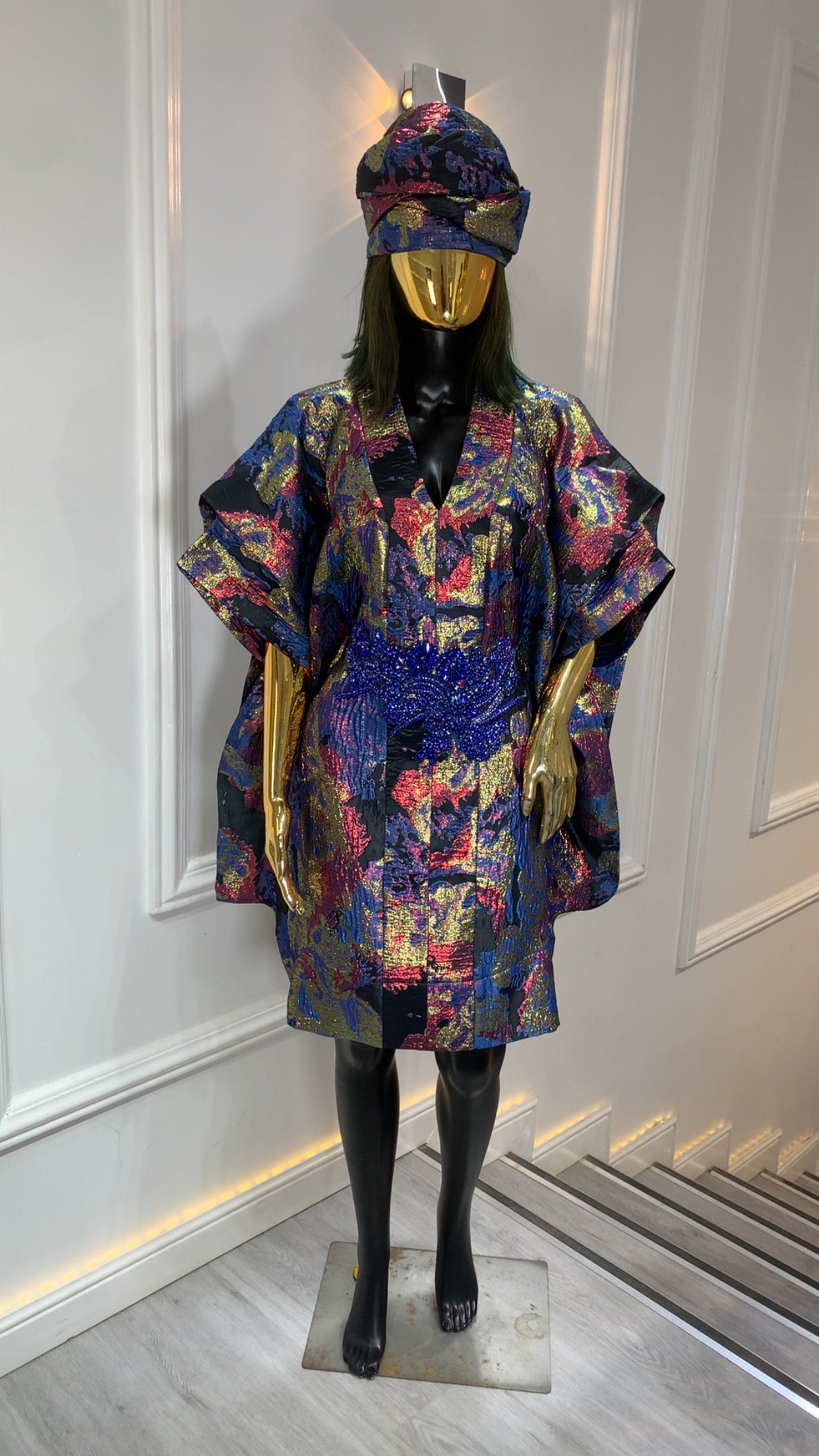 Luxury multicolor metallic brocade kimono robe with beaded waist and matching turban for women