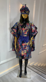 Luxury multicolor metallic brocade kimono robe with beaded waist and matching turban for women