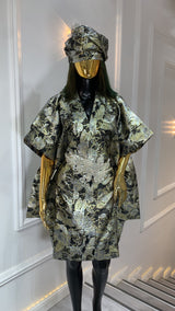 Luxury black and gold metallic brocade kimono robe with embellished waist and matching turban for women