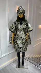 Luxury black and gold metallic brocade kimono robe with embellished waist and matching turban headwrap