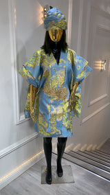 Luxury sky blue and gold brocade kaftan dress with matching headwrap for elegant women's party wear