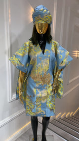 Luxury sky blue and gold brocade kaftan dress with matching headwrap for elegant women's party wear