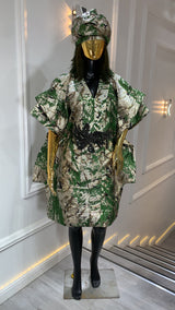 Luxury green and gold brocade kaftan dress with matching headwrap for elegant formal wear