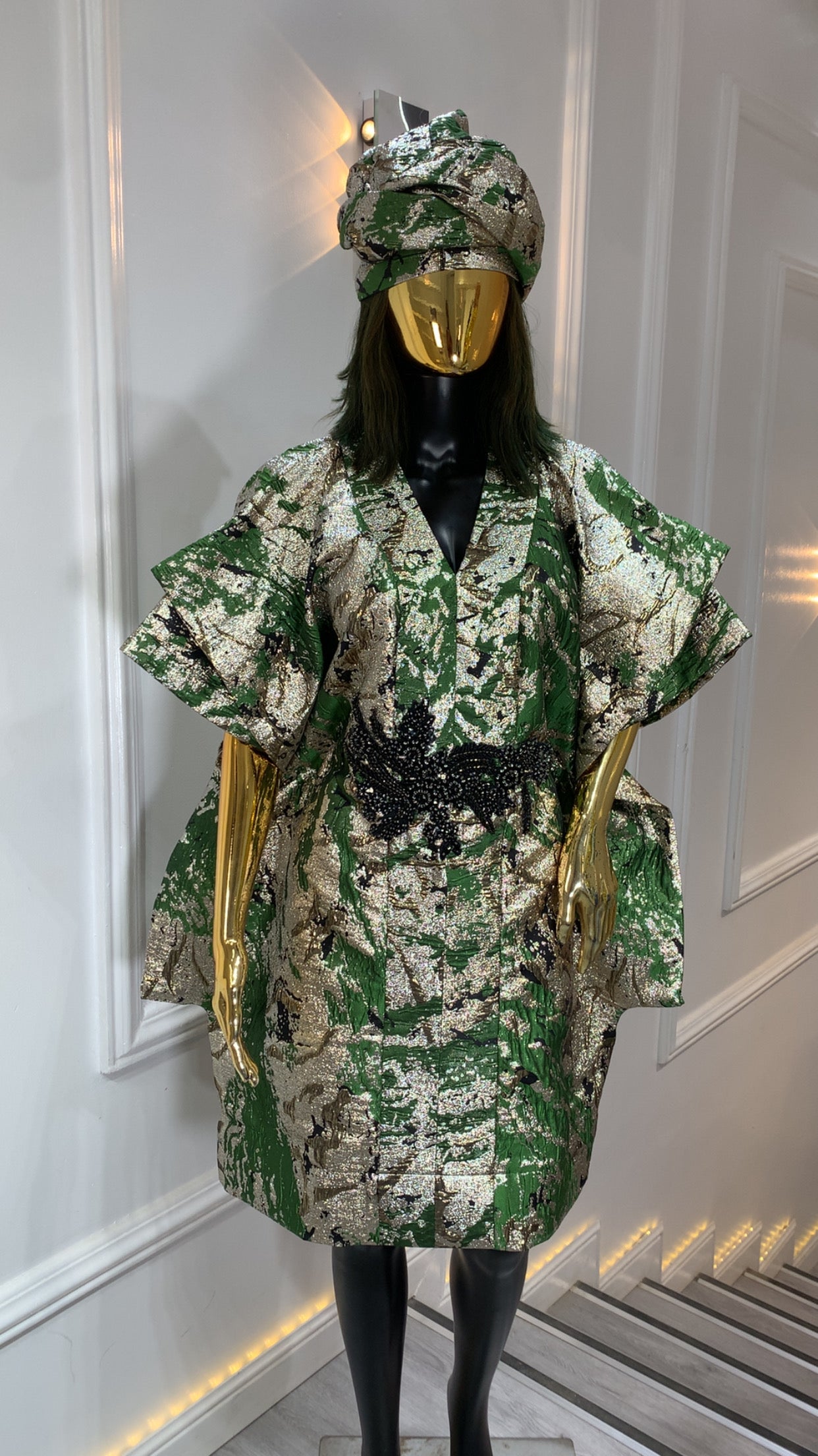 Elegant luxury green and gold brocade kaftan dress with matching headwrap for formal wear