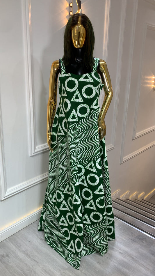 Handmade Authentic Adire Long Dress with traditional African tie-dye patterns and flowing maxi fit