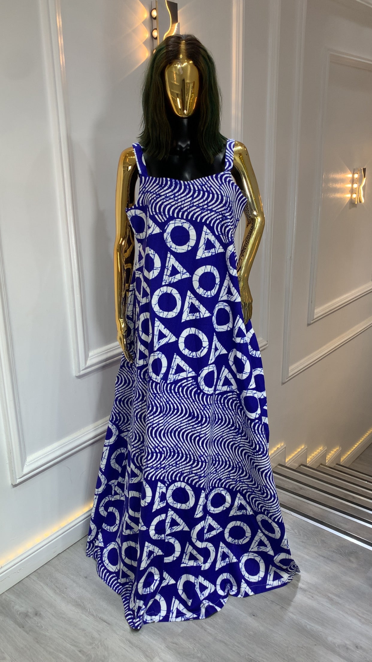 Authentic Adire long dress handmade African tie-dye maxi with unique patterns and flowing silhouette