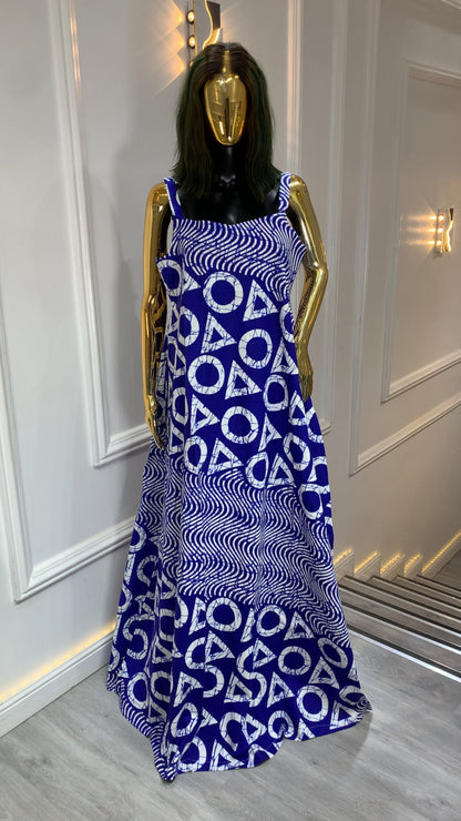 Authentic Adire long dress handmade African tie-dye maxi with unique patterns and flowing silhouette