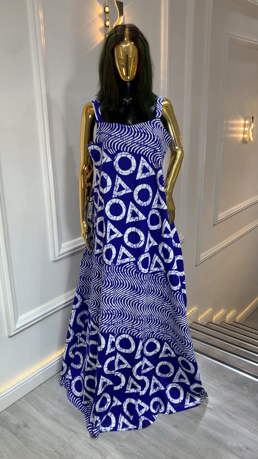 Authentic Adire long dress handmade African tie-dye maxi with unique patterns and flowing silhouette