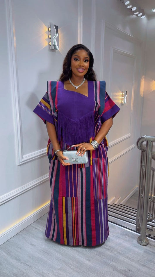 Luxury Aso Oke Bubu Dress – Purple Multicolor Free Size Traditional Outfit With Waist Belt