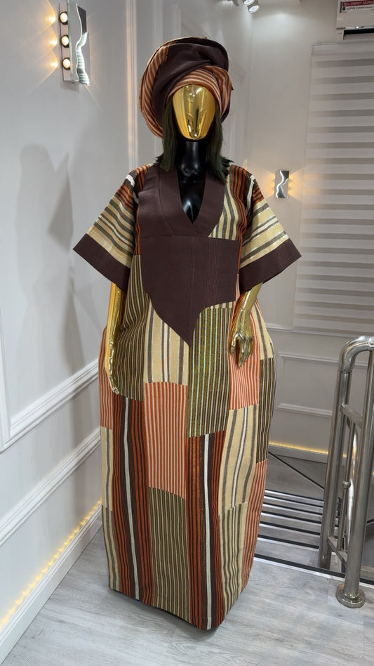 Luxury Aso Oke Bubu Dress – Brown Multicolor Free Size Traditional Outfit With Waist Belt