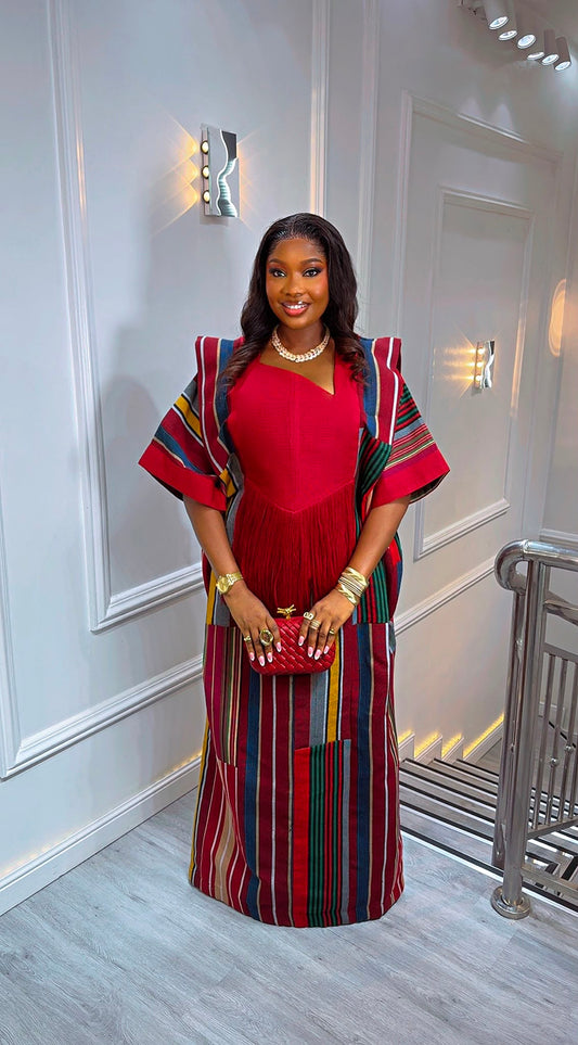 Luxury Aso Oke Bubu Dress – Red Multicolor Free Size Traditional Outfit With Waist Belt