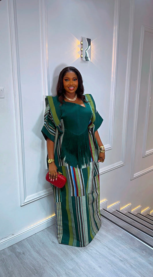 Luxury Aso Oke Bubu Dress – Emerald Green Multicolor Free Size Traditional Outfit With Waist Belt