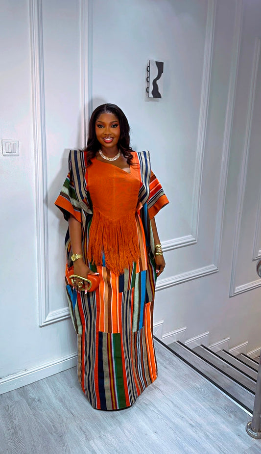 Luxury Aso Oke Bubu Dress – Orange Multicolor Free Size Traditional Outfit With Waist Belt