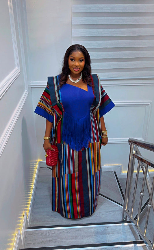 Luxury Aso Oke Bubu Dress – Royal Blue Multicolor Free Size Traditional Outfit With Waist Belt