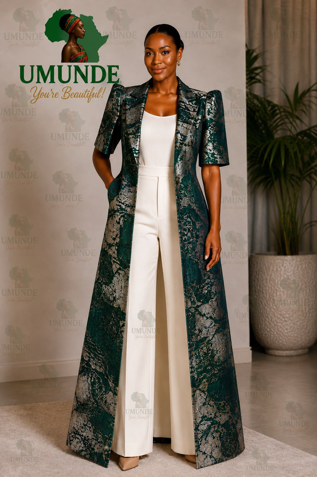 UMUNDE Elegant Emerald Green Long Brocade Jacket With Metallic Pattern, Statement Shoulder Design & Luxury Occasion Wear Style