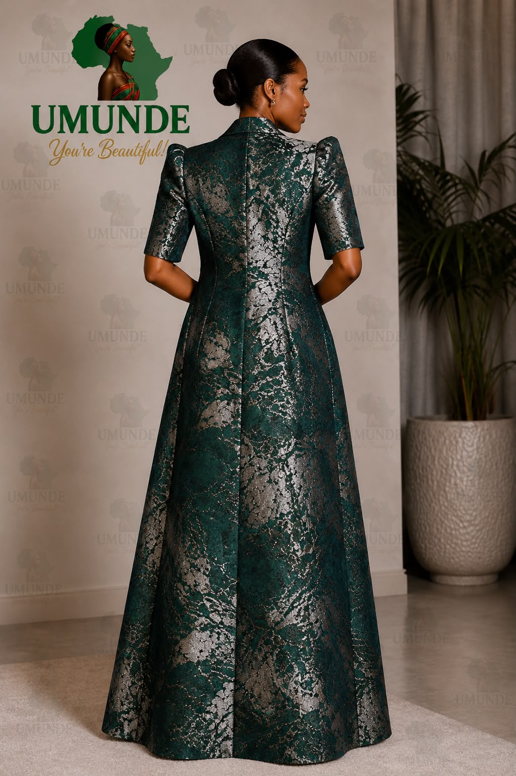UMUNDE Elegant Emerald Green Long Brocade Jacket With Metallic Pattern, Statement Shoulder Design & Luxury Occasion Wear Style