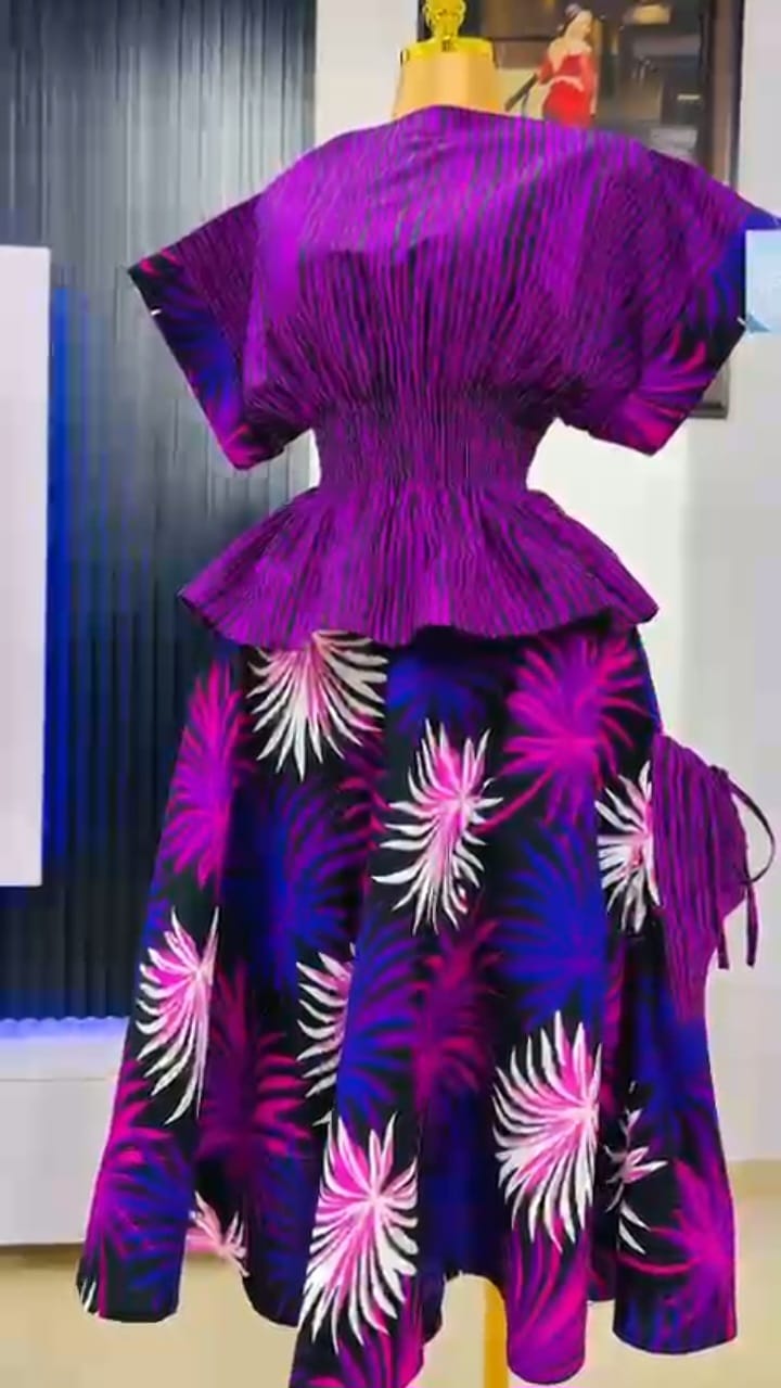 Luxury Purple & Black African Print Peplum Top and Flared Skirt Set