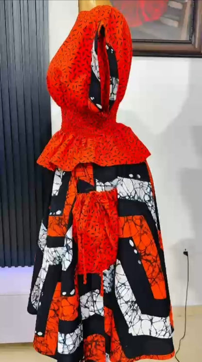 Luxury Orange, Black & White African Print Peplum Top and Maxi Skirt Set