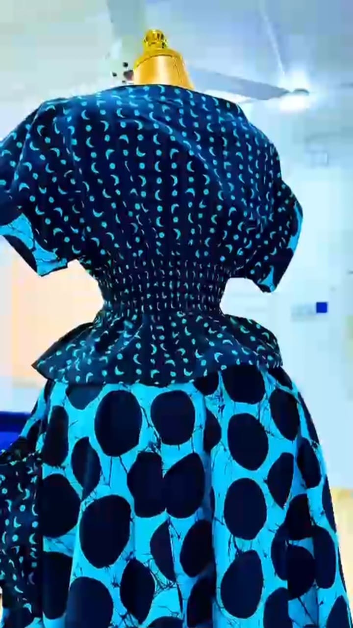 Luxury Turquoise Blue & Black African Print Peplum Top and Maxi Skirt Set