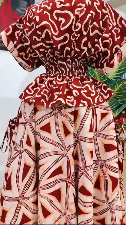 Luxury Burgundy & Cream African Print Peplum Top and Maxi Skirt Set