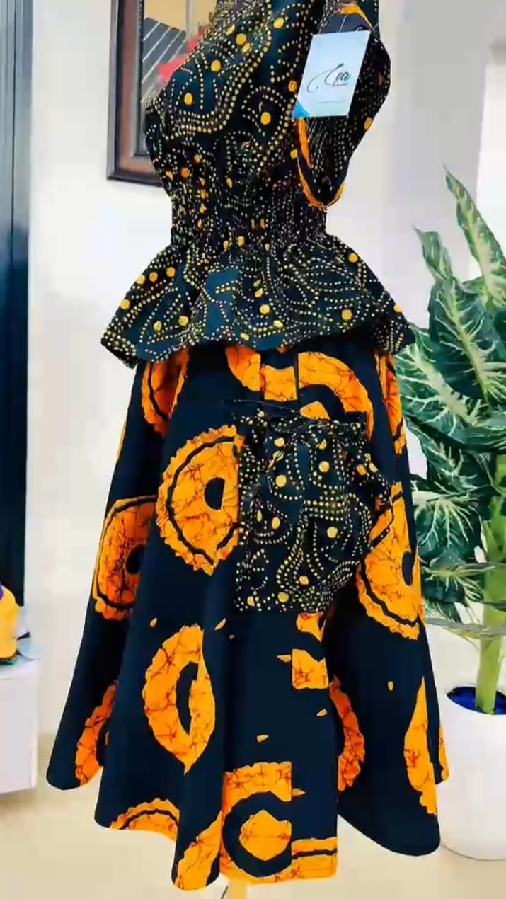 Luxury Black & Orange African Print Peplum Top and Maxi Skirt Set