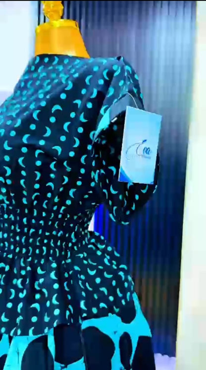 Luxury Turquoise Blue & Black African Print Peplum Top and Maxi Skirt Set
