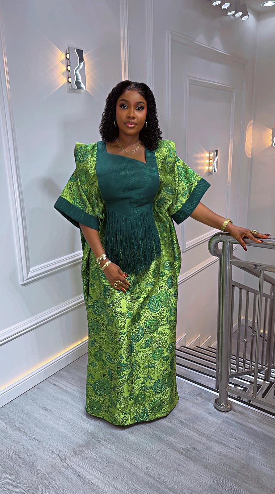 UMUNDE Briocade Damask Bubus – Luxury Lime & Emerald Green Floral Free Size African Bubu Kaftan Maxi Dress with Fringe Detail