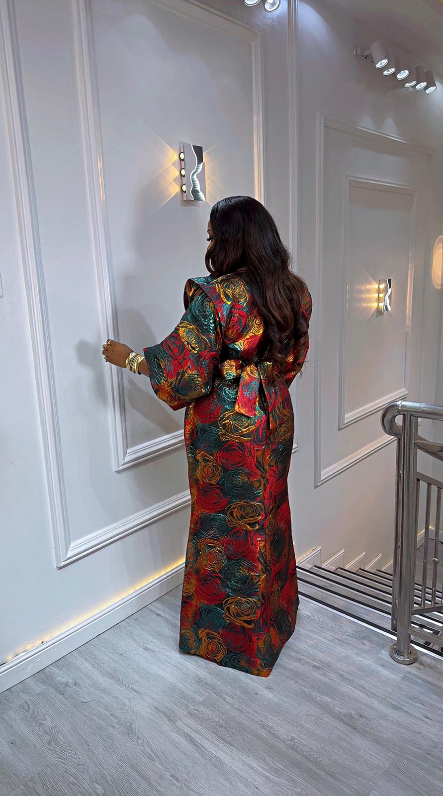 UMUNDE Briocade Damask Bubus – Luxury Red, Emerald Green & Metallic Gold Rose Print Free Size African Bubu Kaftan Maxi Dress with Ruched Detail