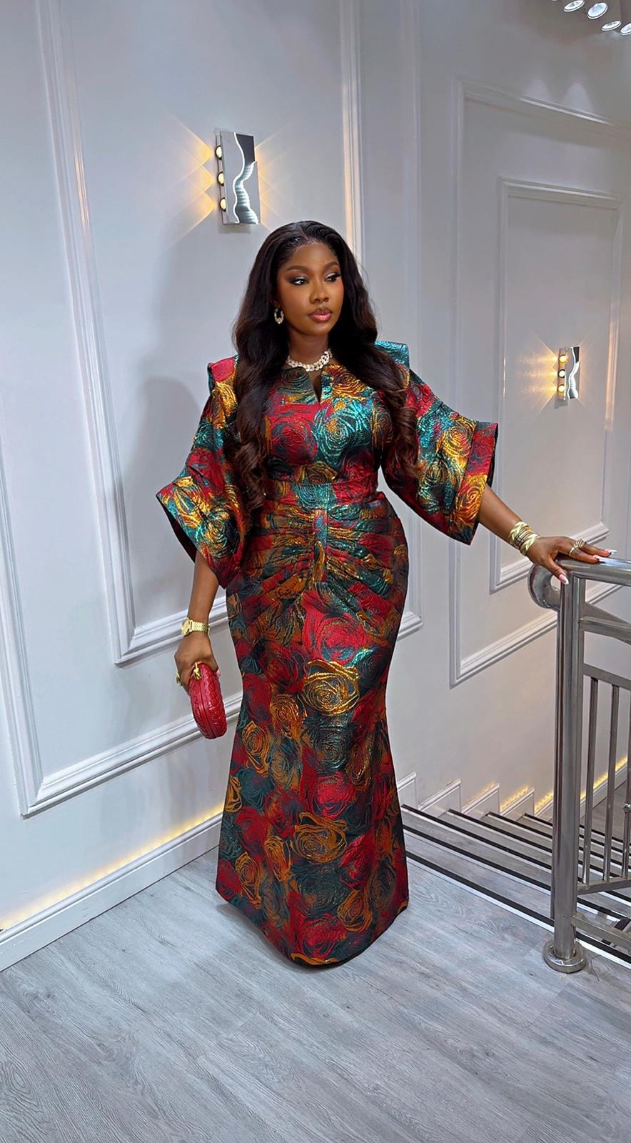 UMUNDE Briocade Damask Bubus – Luxury Red, Emerald Green & Metallic Gold Rose Print Free Size African Bubu Kaftan Maxi Dress with Ruched Detail