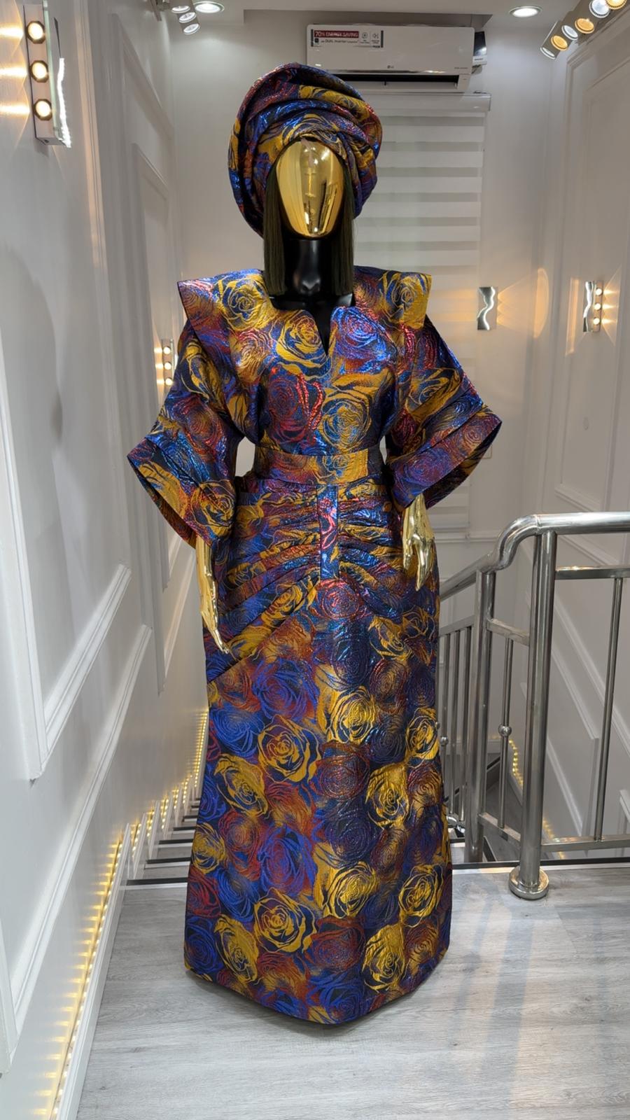 UMUNDE Briocade Damask Bubus – Luxury Royal Blue, Burnt Orange & Metallic Gold Rose Print Free Size African Bubu Kaftan Maxi Dress with Ruched Detail