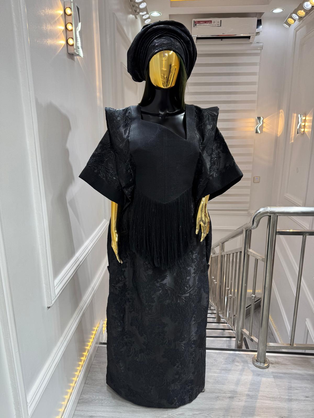 UMUNDE Briocade Damask Bubus – Luxury Jet Black Floral Damask Free Size African Bubu Kaftan Maxi Dress with Fringe Detail