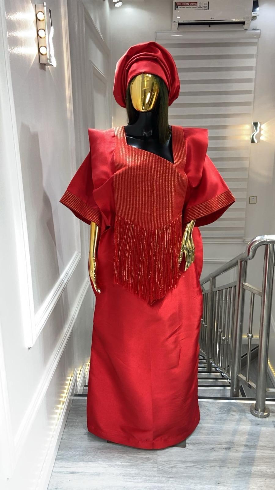 UMUNDE Briocade Damask Bubus – Luxury Ruby Red & Metallic Gold Free Size African Bubu Kaftan Maxi Dress with Fringe Detail