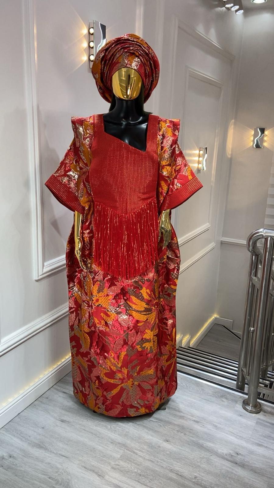 UMUNDE Briocade Damask Bubus – Luxury Red, Burnt Orange & Metallic Gold Floral Free Size African Bubu Kaftan Maxi Dress with Fringe Detail