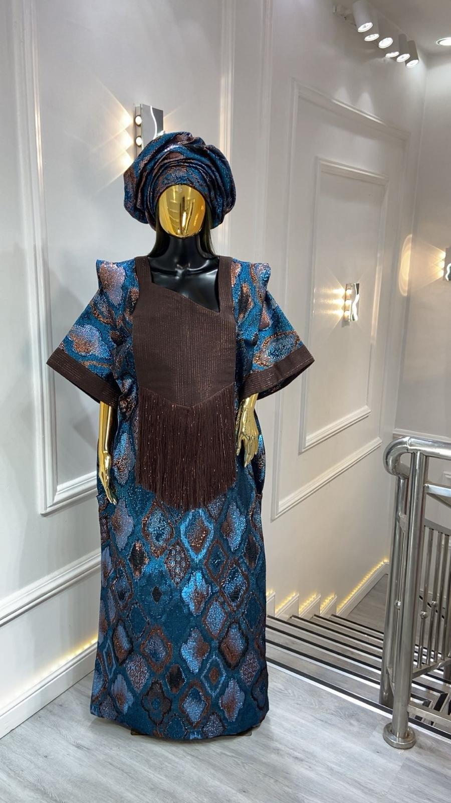 UMUNDE Briocade Damask Bubus – Luxury Teal Blue, Chocolate Brown & Metallic Bronze Geometric Free Size African Bubu Kaftan Maxi Dress with Fringe Detail