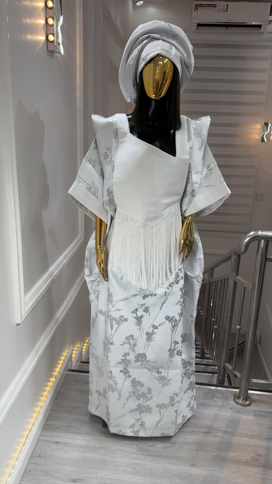 UMUNDE Briocade Damask Bubus – Luxury White & Metallic Silver Floral Free Size African Bubu Kaftan Maxi Dress with Fringe Detail