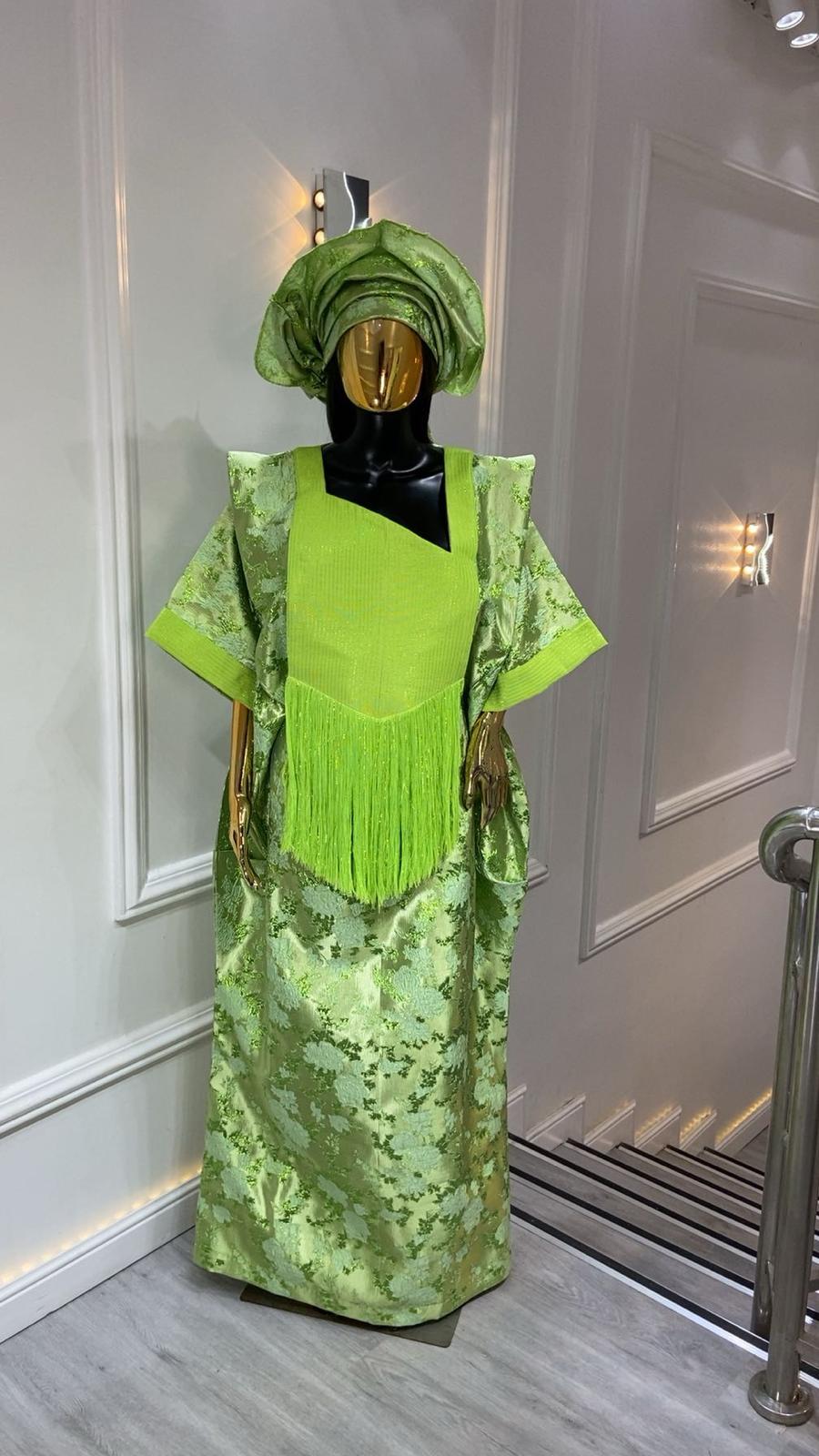 UMUNDE Briocade Damask Bubus – Luxury Lime Green & Metallic Green Floral Free Size African Bubu Kaftan Maxi Dress with Fringe Detail