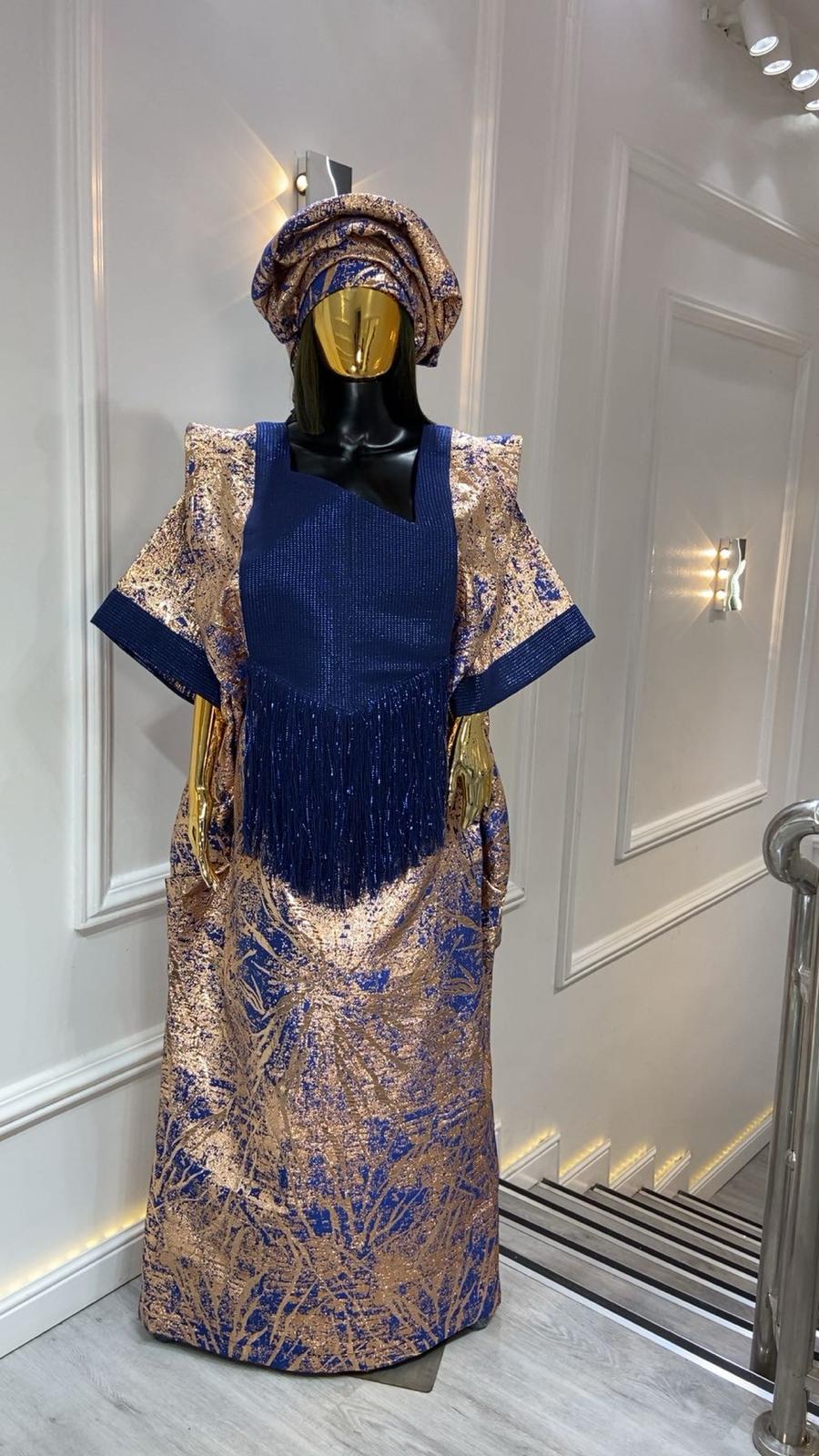 UMUNDE Briocade Damask Bubus – Luxury Royal Blue & Metallic Gold Abstract Print Free Size African Bubu Kaftan Maxi Dress with Fringe Detail