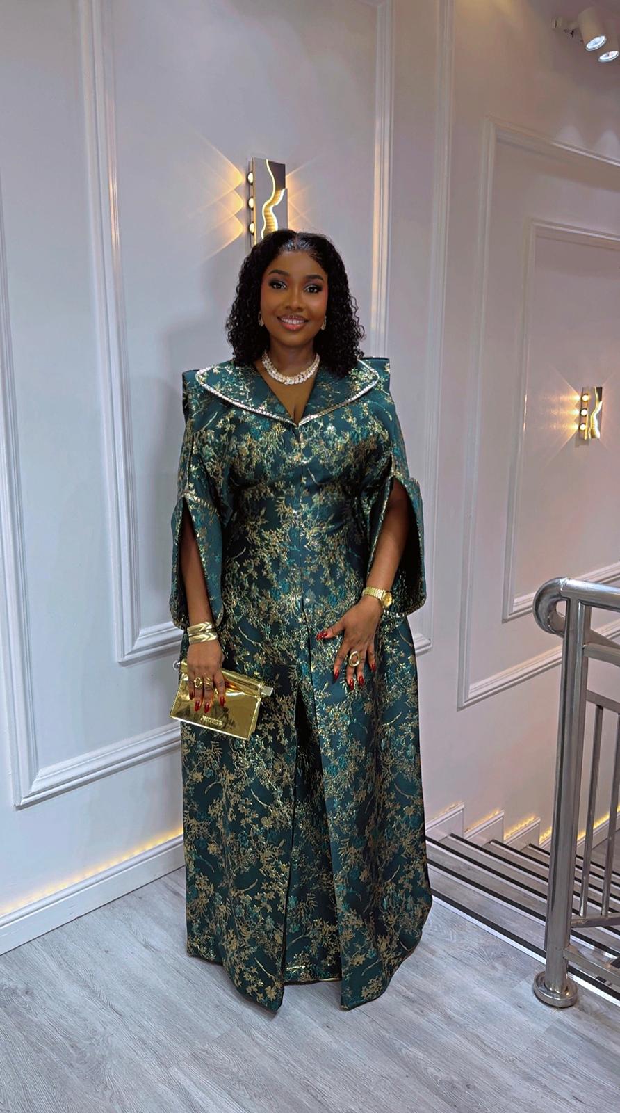 UMUNDE Luxury Brocade Cape Bubu – Emerald Green & Metallic Gold Floral Jacquard Free Size African Kaftan Maxi Dress with Statement Collar