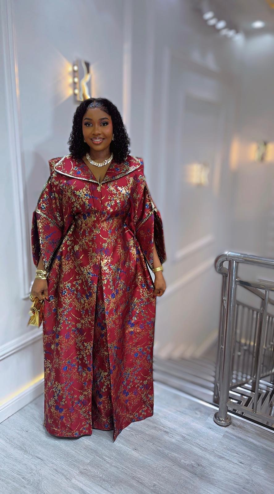 UMUNDE Luxury Brocade Cape Bubu – Royal Red & Metallic Gold Floral Jacquard Free Size African Kaftan Maxi Dress with Statement Collar