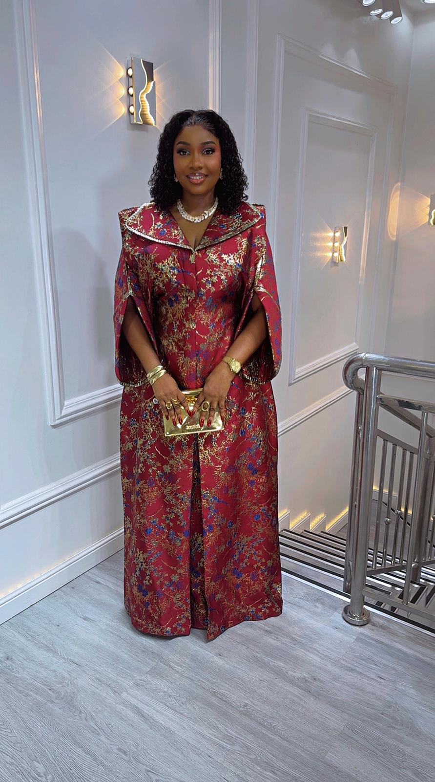UMUNDE Luxury Brocade Cape Bubu – Royal Red & Metallic Gold Floral Jacquard Free Size African Kaftan Maxi Dress with Statement Collar