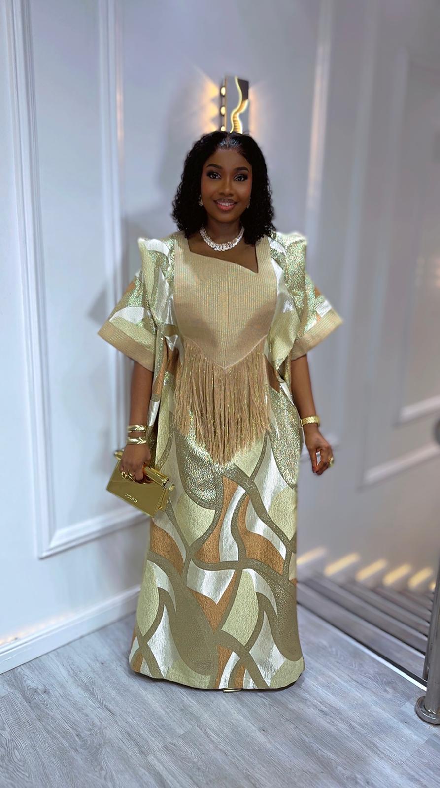 UMUNDE Briocade Damask Bubu – Luxury Champagne Gold & Ivory Abstract Metallic Jacquard Free Size African Bubu Kaftan Maxi Dress with Fringe Detail