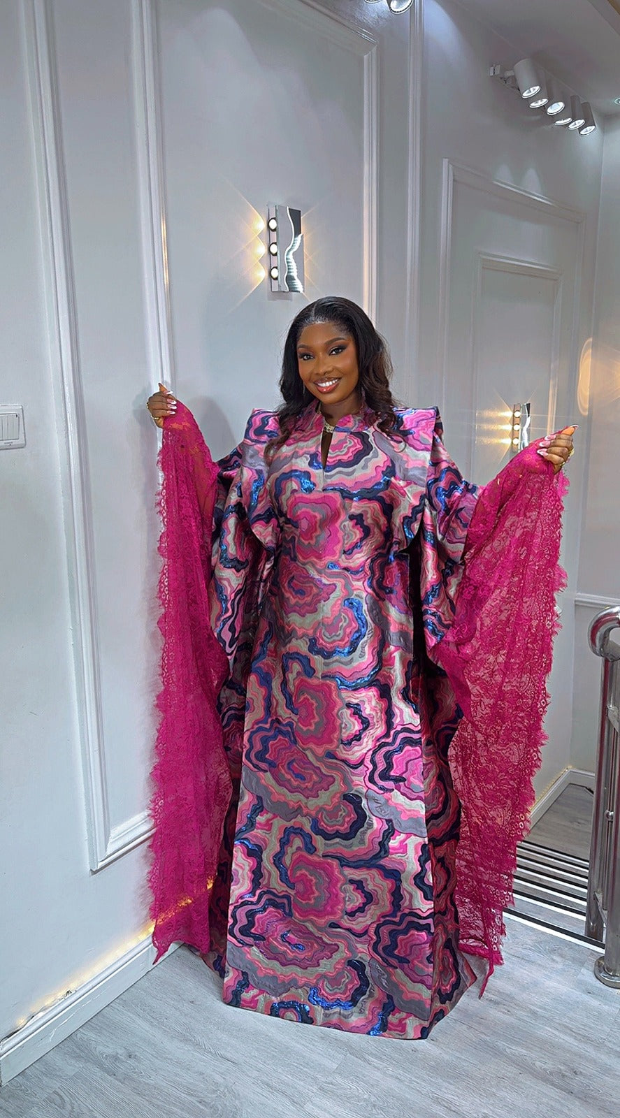 UMUNDE Brocade Damask Bubu – Luxury Pink, Fuchsia & Navy Abstract Swirl Jacquard Free Size African Bubu Kaftan Maxi Dress with Lace Shawl
