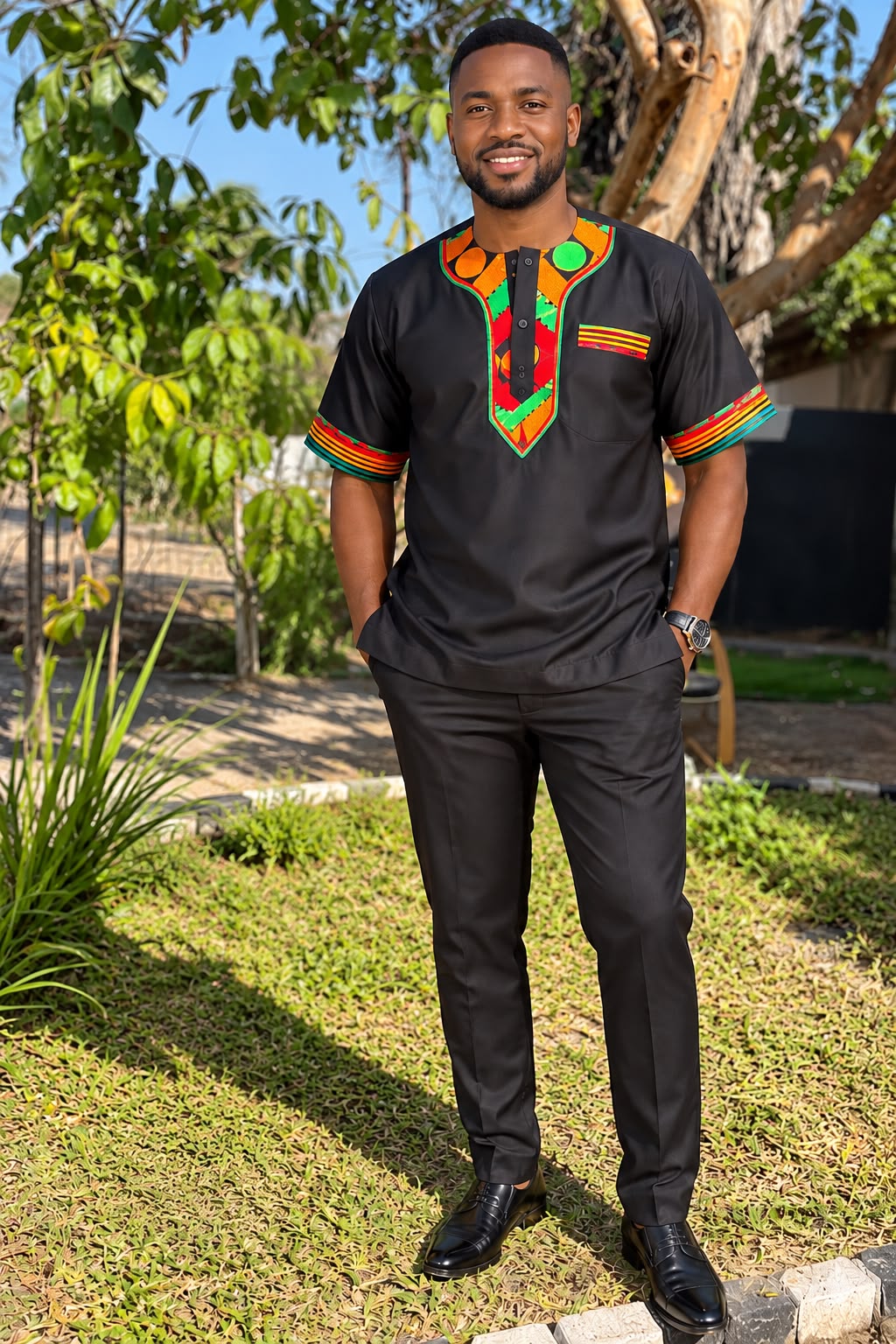 UMUNDE Men’s African Print Shirt – Black Short Sleeve Traditional Shirt with Colorful Ankara Detail