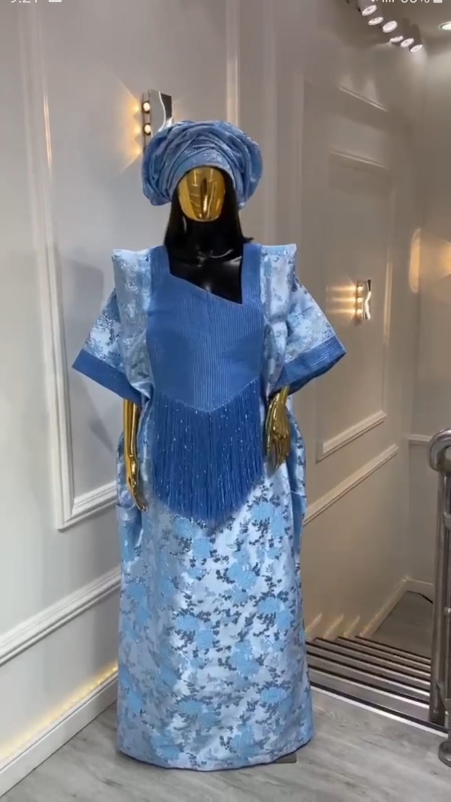 UMUNDE Brocade Damask Bubu – Luxury Ice Blue & Royal Blue Metallic Jacquard Free Size African Bubu Kaftan Maxi Dress with Fringe Detail & Matching Headwrap