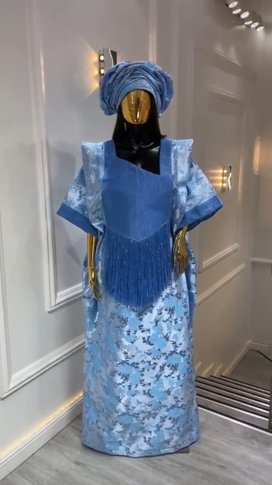 UMUNDE Brocade Damask Bubu – Luxury Ice Blue & Royal Blue Metallic Jacquard Free Size African Bubu Kaftan Maxi Dress with Fringe Detail & Matching Headwrap
