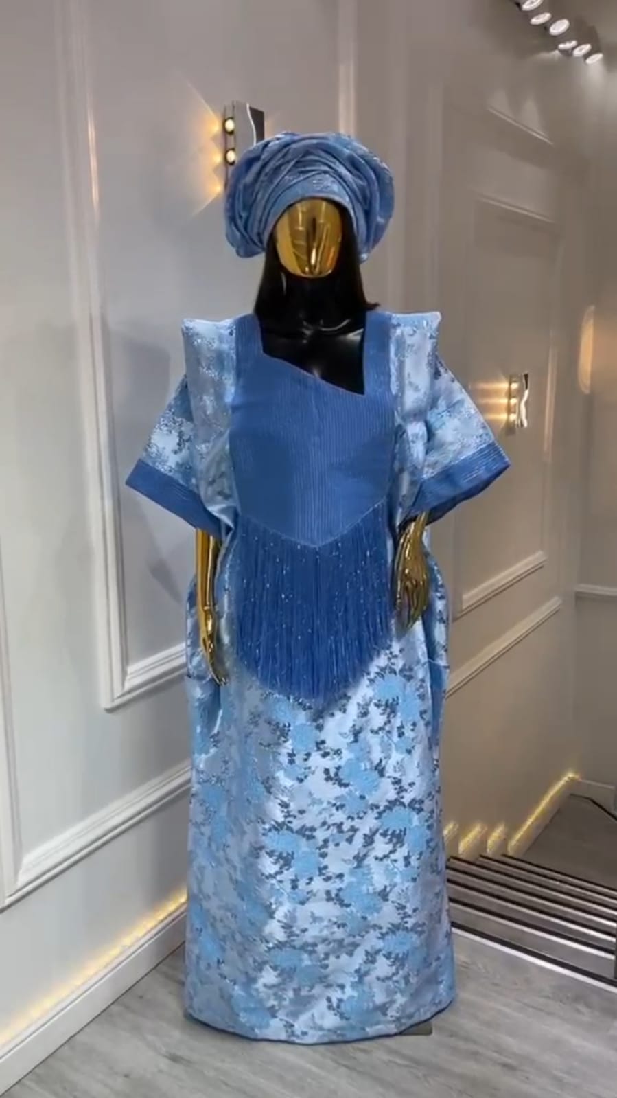 UMUNDE Brocade Damask Bubu – Luxury Ice Blue & Royal Blue Metallic Jacquard Free Size African Bubu Kaftan Maxi Dress with Fringe Detail & Matching Headwrap