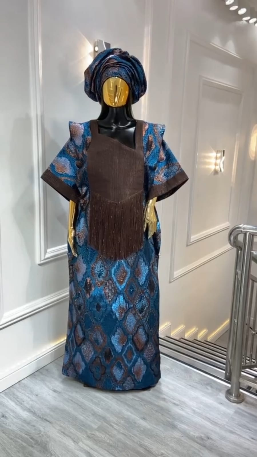 UMUNDE Brocade Damask Bubu – Luxury Teal Blue & Chocolate Brown Metallic Jacquard Free Size African Bubu Kaftan Maxi Dress with Fringe Detail & Matching Headwrap