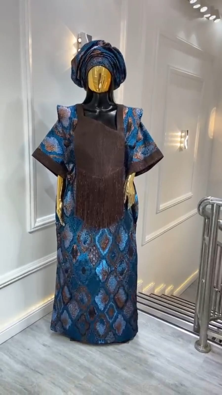 UMUNDE Brocade Damask Bubu – Luxury Teal Blue & Chocolate Brown Metallic Jacquard Free Size African Bubu Kaftan Maxi Dress with Fringe Detail & Matching Headwrap