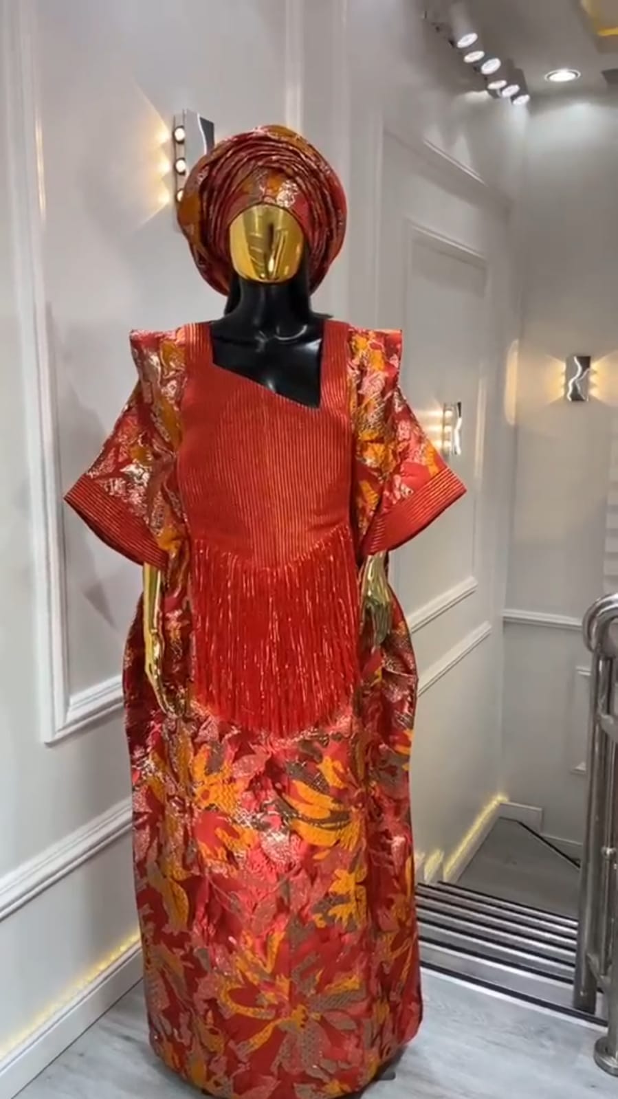UMUNDE Brocade Damask Bubu – Luxury Burnt Orange, Rust Red & Gold Metallic Jacquard Free Size African Bubu Kaftan Maxi Dress with Fringe Detail & Matching Headwrap