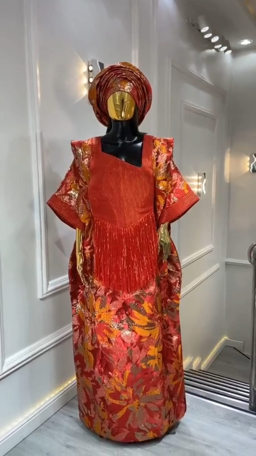 UMUNDE Brocade Damask Bubu – Luxury Burnt Orange, Rust Red & Gold Metallic Jacquard Free Size African Bubu Kaftan Maxi Dress with Fringe Detail & Matching Headwrap